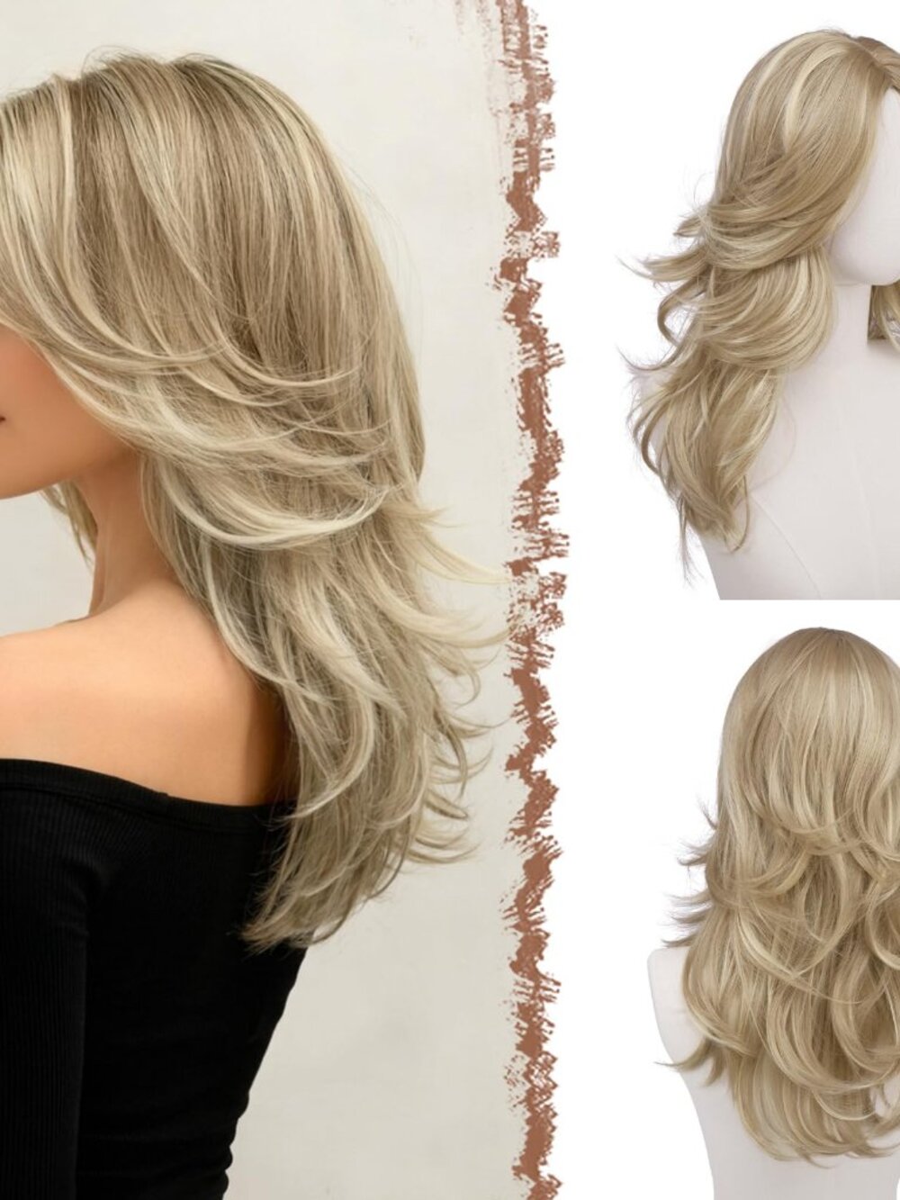 FESHFEN Dirty Blonde Wavy Layered Wig with Curtain Bangs  - 20 Inch Long